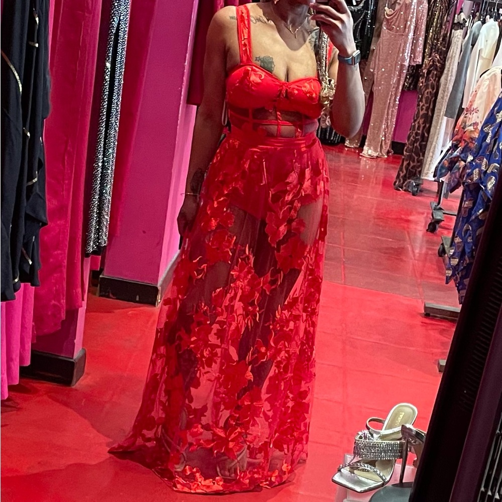 Red embroidered dress